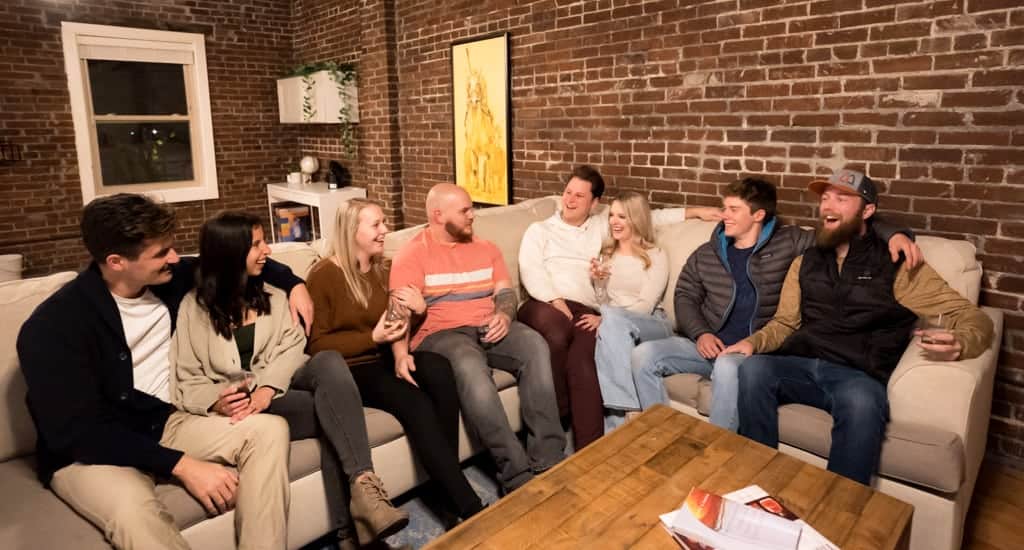 family reunion with group sitting on couch